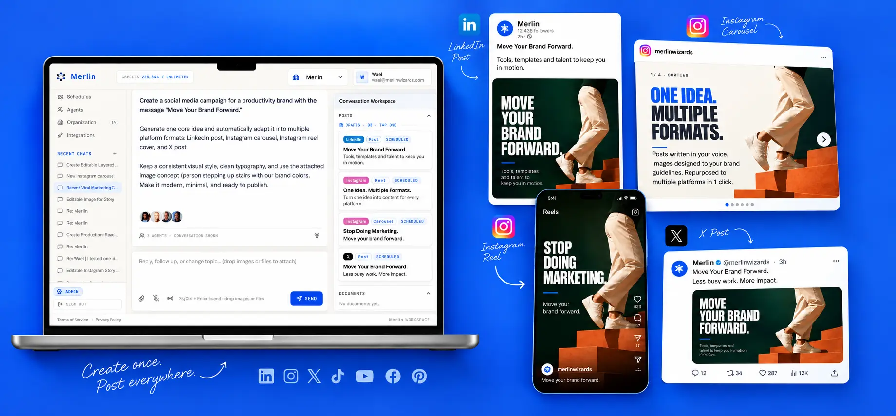Merlin workspace showing one idea developed into several posts