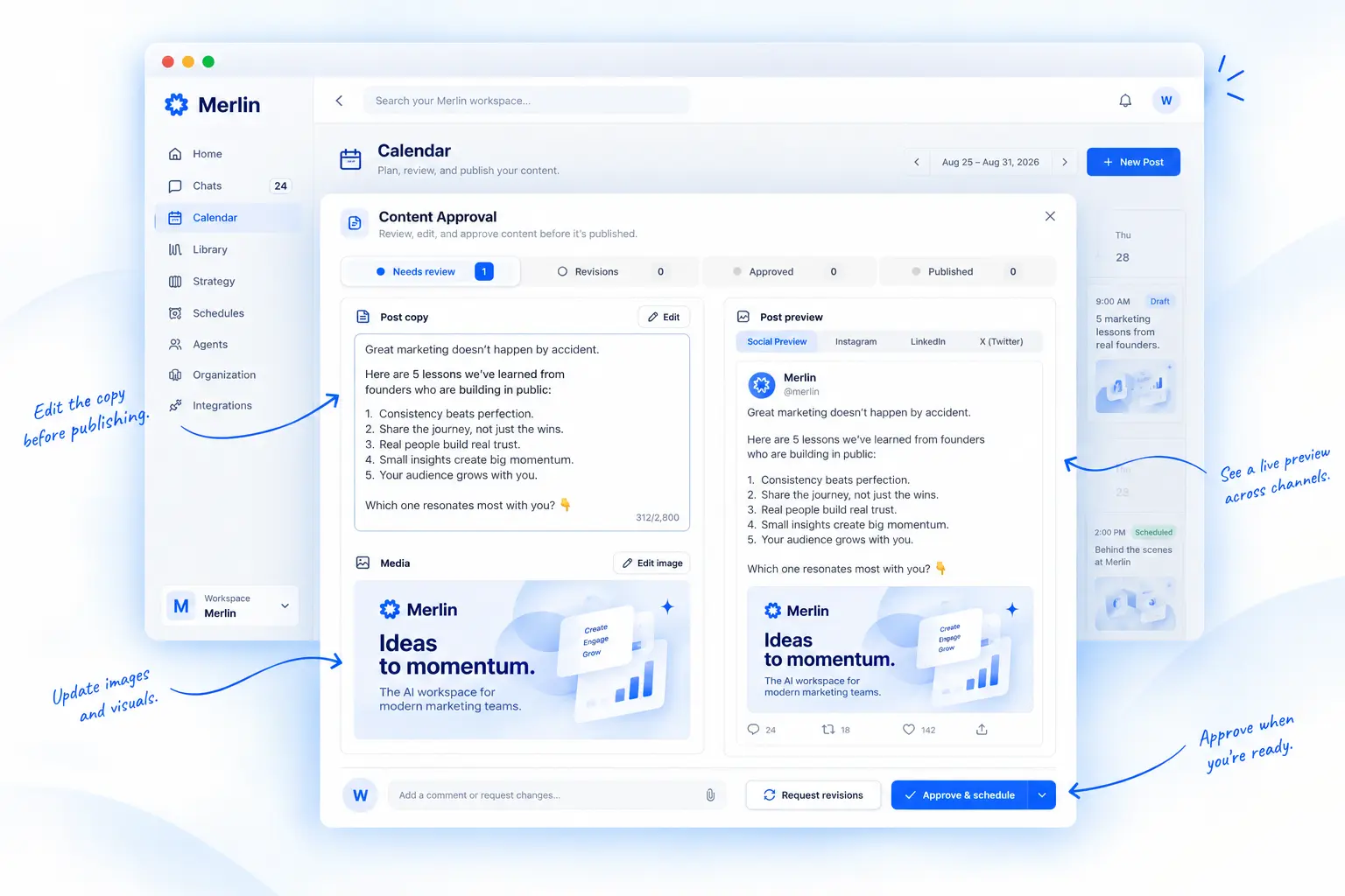Merlin review workspace before content is published